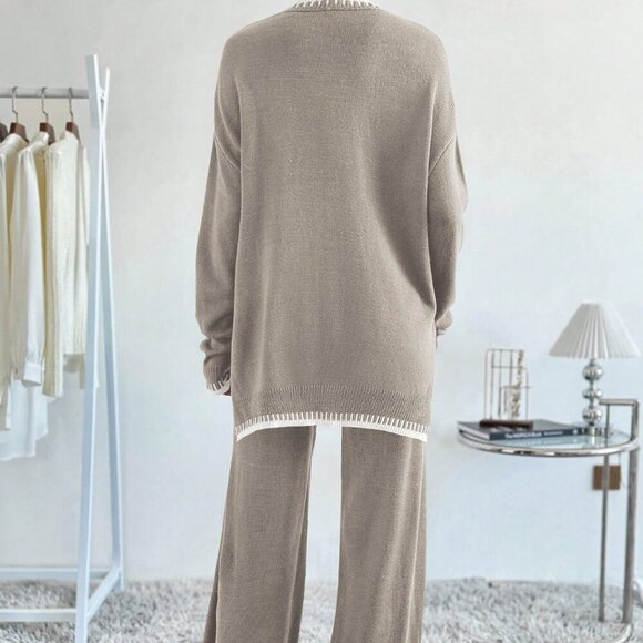 Multicolor Casual Women's Contrast Color Long Sleeve Sweater & Knitted Pants Set - Picture 2 of 6